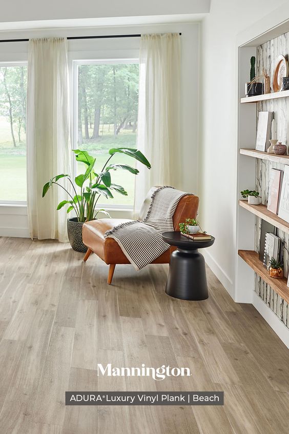 Light-colored flooring in color "Bleach" from Mannington in library